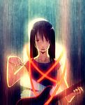  black_hair guitar hug instrument long_hair mike_inel original plectrum rain red_eyes standing water wet 