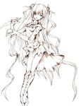  boots dress flower frilled_dress frills high_heels kirakishou knee_boots lineart long_hair long_sleeves monochrome redjuice rose rozen_maiden sketch solo two_side_up very_long_hair 