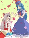  bad_id bad_pixiv_id blue_dress blue_flower blue_hair blue_rose bouquet bow dress eye_contact flower fujiwara_no_mokou grey_hair hair_bow hat kamishirasawa_keine long_hair looking_at_another looking_back multiple_girls oekaki petals rose rose_petals sabacan38 simple_background surprised touhou 