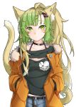  1girl absurdres ahoge animal_ear_fluff animal_ears atalanta_(fate) bangs belt black_belt black_choker black_shirt blue_pants blush breasts brown_hair cat_ears cat_girl cat_tail choker closed_mouth clothes_writing collarbone commentary_request ear_piercing eyebrows_visible_through_hair fate/apocrypha fate_(series) fur-trimmed_jacket fur_trim gradient_hair green_eyes green_hair hair_ornament hairclip hands_in_pockets highres jacket kirishina_(raindrop-050928) multicolored_hair open_clothes open_jacket orange_jacket pants piercing print_shirt shirt simple_background small_breasts solo tail white_background 