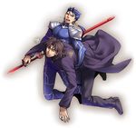 2boys bangs blue_hair brown_eyes brown_hair carrying cross cross_necklace earrings fate/stay_night fate_(series) gae_bolg jewelry kotomine_kirei lancer long_hair male_focus multiple_boys necklace pauldrons polearm ponytail red_eyes spear weapon zihad 