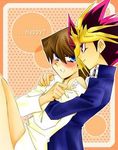  2boys ? black_hair blue_eyes blush brown_hair hug hug_from_behind kaiba_seto lowres male male_focus male_only multicolored_hair multiple_bots multiple_boys mutou_yugi mutou_yuugi purple_eyes shirt spiked_hair tears two-tone_hair undressing white_shirt yaoi yu-gi-oh! yuu-gi-ou_duel_monsters 