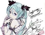  aqua_hair arm_garter bare_shoulders blue_eyes bracelet dress drink drinking_straw from_behind hair_ornament hair_ribbon hairclip hatsune_miku jewelry long_hair looking_back mouth_hold redjuice ribbon signature sipping sleeveless sleeveless_dress solo twintails vocaloid world_is_mine_(vocaloid) 