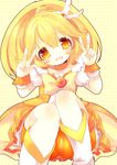  bike_shorts blonde_hair bow choker cure_peace double_v hair_flaps kise_yayoi kosuzume long_hair magical_girl orange_shorts precure shorts shorts_under_skirt skirt smile_precure! solo v wide_ponytail yellow yellow_background yellow_bow yellow_choker yellow_eyes yellow_skirt 