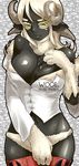  bare_shoulders black_skin breasts cleavage dark_skin fingernails furry goat_eyes horns large_breasts monster_girl navel off_shoulder original oso_(toolate) ovis_aries panties sheep_girl smile solo underwear undressing wool yellow_eyes 