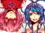  blue_eyes blue_hair double_bun flower hair_rings ibaraki_kasen kaku_seiga multiple_girls pink_hair red_eyes rose rotational_symmetry shisei_(kyuushoku_banchou) short_hair touhou upper_body vest 