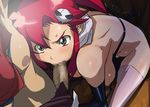  1girl angry areolae bikini_top black_eyes blush breasts censored fellatio hair_ornament hairclip hanging_breasts highres ice_place kamina large_breasts legs long_hair looking_up nipples no_panties oral penis pink_legwear ponytail red_hair sitting standing tengen_toppa_gurren_lagann thighs yoko_littner 