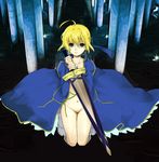 ahoge artoria_pendragon_(all) avalon_(fate/stay_night) avatar41 blonde_hair bottomless dress excalibur fate/stay_night fate_(series) green_eyes hair_ribbon kneeling no_pussy open_clothes puffy_sleeves ribbon saber sheath sheathed sword weapon 