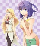  ao_no_kiseki belt blonde_hair blue_eyes bracelet checkered checkered_background dress drill_hair eiyuu_densetsu half_updo ilya_platiere jewelry long_hair midriff multiple_girls navel purple_background purple_hair rixia_mao shirt short_hair shorts sun_trial twin_drills twintails 