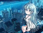  blue blue_eyes blue_hair building city denpa_onna_to_seishun_otoko edogawakid long_hair looking_back miniskirt ocean shirt skirt skyscraper smile solo sparkle touwa_erio water white_shirt 