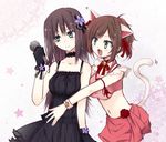  :d animal_ears bad_id bad_pixiv_id bell black_gloves black_gothic_dress_(idolmaster) brown_hair cat_ears cat_tail choker dress fang futaru_usagi gloves green_eyes hair_ornament hair_ribbon idolmaster idolmaster_cinderella_girls long_hair maekawa_miku microphone midriff multiple_girls navel open_mouth ponytail ribbon shibuya_rin smile tail wrist_cuffs 