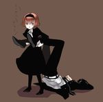  1girl bad_id bad_pixiv_id black_dress blazer brown_background dragging dress formal gloves hairband jacket lying necktie on_back pale_skin pant_suit pantyhose puffy_sleeves r0c r_dorothy_wayneright red_eyes red_hair roger_smith short_hair simple_background suit the_big_o translated upside-down white_skin 