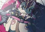  1girl areolae breast_squeeze breasts censored cum cum_in_mouth cum_on_hair facial fingerless_gloves gloves highres ice_place large_breasts long_hair looking_down lying nipples open_mouth paizuri penis ponytail red_hair scarf tengen_toppa_gurren_lagann weapon yoko_littner 