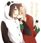  &gt;_&lt; :d animal_costume bad_id bad_pixiv_id black_hair blonde_hair bow buttons closed_eyes funami_yui hair_bow microphone multiple_girls open_mouth pajamas panda_costume sao_(0060) smile tomato_costume toshinou_kyouko translated xd yuru_yuri 