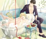  alcohol bad_id bad_pixiv_id bath bathtub blonde_hair brown_eyes brown_hair claw_foot_bathtub cross cross_necklace cup drinking_glass earrings fate/zero fate_(series) feet gilgamesh jewelry kotomine_kirei makeup male_focus multiple_boys necklace nude open_clothes open_shirt phone red_eyes robe shirt shoes single_shoe suwaru_(ght53kklvcc231) wine wine_glass 