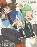  apron bag bow bowtie brown_eyes brown_hair dent_(pokemon) formal green_eyes green_hair hand_on_hip hat holding holding_poke_ball jacket jumping long_hair lowres male_focus multiple_boys one_eye_closed open_mouth pinkish pointing poke_ball pokemon pokemon_(game) pokemon_bw smile touya_(pokemon) 