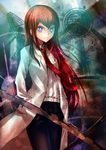  absurdres bad_id bad_pixiv_id blue_eyes brown_hair highres labcoat legwear_under_shorts long_hair makise_kurisu mikoto_(mio) necktie pantyhose red_neckwear shorts smile solo steins;gate 