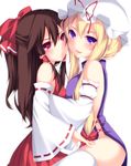  asymmetrical_docking bare_shoulders blonde_hair blush breast_press breasts brown_hair detached_sleeves hair_tubes hakurei_reimu hat kabata_(mechisan) long_hair medium_breasts multiple_girls naked_tabard no_bra no_panties purple_eyes red_eyes simple_background sitting tabard thighhighs touhou white_background white_legwear yakumo_yukari yuri 