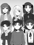  3girls age_regression age_switch aya_tori bad_id bad_pixiv_id bandages bangs child emiya_kiritsugu fate/zero fate_(series) greyscale illyasviel_von_einzbern long_hair matou_kariya matou_sakura monochrome multiple_boys multiple_girls older one_eye_closed short_hair teenage toosaka_rin toosaka_tokiomi two_side_up v younger 