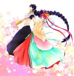  1girl bad_id bad_pixiv_id barefoot black_hair braid chinese_clothes dress hair_ornament hair_rings hanfu highres hotateko jewelry judal long_hair magi_the_labyrinth_of_magic midriff ponytail red_eyes red_hair ren_kougyoku single_braid smile yellow_eyes 