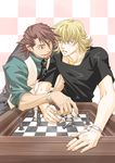  barnaby_brooks_jr blonde_hair board_game brown_eyes brown_hair chess chess_piece chessboard facial_hair glasses green_eyes jewelry kaburagi_t_kotetsu multiple_boys necklace nyan_co3 playing_games shirt stubble t-shirt tiger_&amp;_bunny vest waistcoat 