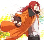  aqua_eyes coat eiyuu_densetsu fingerless_gloves gloves long_hair male_focus outstretched_hand randy_orlando red_hair shirt solo taum zero_no_kiseki 