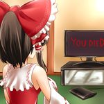 bad_id bad_pixiv_id black_hair bow detached_sleeves english from_behind game_console hair_bow hair_ribbon hakurei_reimu highres parody playing_games playstation_3 resident_evil ribbon short_hair solo television touhou yoshimo 