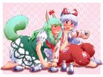  all_fours armband barefoot blush bow breasts crossed_legs dress drunk ex-keine fang fujiwara_no_mokou green_hair hair_bow holding_hands horn_ribbon horns kamishirasawa_keine large_breasts long_hair long_sleeves looking_at_another matty_(zuwzi) multiple_girls ofuda open_mouth pants pink_background red_eyes ribbon shirt short_sleeves sitting star starry_background suspenders sweat tail tokkuri touhou very_long_hair white_hair yellow_eyes 
