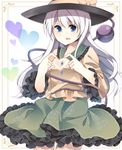  alternate_hairstyle bad_id bad_pixiv_id blue_eyes blush eyeball green_hair hat heart hyouka_(rat_hut) komeiji_koishi long_hair open_mouth ribbon short_hair silver_hair skirt smile solo sun_hat third_eye touhou 