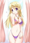  aosi_(wasabiranzy) bad_id bad_pixiv_id bikini blonde_hair cameltoe charlotte_dunois curtains fitting_room flag_print highleg highleg_bikini highleg_swimsuit infinite_stratos jewelry long_hair mirror necklace pendant print_bikini purple_eyes solo swimsuit union_jack 