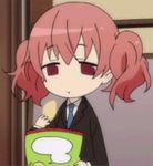  animated animated_gif eating food formal inu_x_boku_ss lowres necktie pink_eyes pink_hair potato_chips roromiya_karuta short_hair suit twintails 