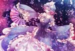  bug butterfly fan folding_fan hat insect kyoma_(yellowxcake) petals pink_eyes pink_hair ribbon saigyouji_yuyuko short_hair smile solo touhou triangular_headpiece 