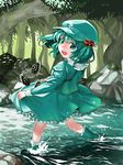  bad_id bad_pixiv_id blue_eyes blue_hair explosive grenade hair_bobbles hair_ornament kawashiro_nitori looking_back mishina_(1204222) skirt skirt_basket solo touhou water 