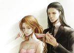  1girl aerith_gainsborough black_hair brown_hair collared_shirt curly_hair final_fantasy final_fantasy_vii green_eyes hair_ribbon hairdressing lips long_hair necktie ribbon shirt tetra_takamine tseng 