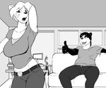  bear belt black_and_white breasts clothed clothing duo female greyscale jeans male mammal monochrome panda sitting sixcolors thumbs_up 