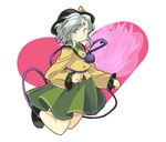  bow grey_eyes hachi_(8bit_canvas) hat hat_bow heart heart-shaped_pupils heart_of_string highres jumping komeiji_koishi legs_up long_sleeves projected_inset shirt shoes short_hair simple_background skirt solo symbol-shaped_pupils third_eye touhou white_hair 