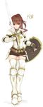  armor belt breastplate brown_eyes brown_hair faulds final_fantasy final_fantasy_xiv fingerless_gloves gloves greaves highres hyur knight long_hair nanahara_fuyuki ponytail shield simple_background solo sword thighhighs vambraces weapon white_background white_legwear 