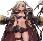  1girl belt bikini book breasts brown_eyes brown_gloves cleavage cloak cowboy_shot female_my_unit_(fire_emblem:_kakusei) fire_emblem fire_emblem:_kakusei fire_emblem_heroes fish gloves harpoon highres jewelry kometubu0712 leather leather_gloves long_hair looking_at_viewer medium_breasts my_unit_(fire_emblem:_kakusei) navel necklace nintendo o-ring o-ring_bikini purple_bikini silver_hair simple_background smile solo swimsuit thigh_strap twintails white_background 