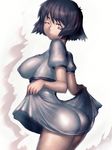  ass black_hair breasts covered_nipples dress dress_lift fumio_(rsqkr) grey_eyes impossible_clothes impossible_dress large_breasts light_smile looking_at_viewer no_hat no_headwear one_eye_closed shiina_mayuri shiny shiny_clothes short_hair solo steins;gate 