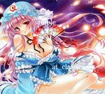  alternate_hairstyle at_classics breasts cleavage fan folding_fan ghost hat hitodama japanese_clothes large_breasts long_hair marker_(medium) open_clothes petals pink_eyes pink_hair saigyouji_yuyuko sample short_hair sitting smile solo touhou traditional_media triangular_headpiece watermark 
