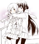  akemi_homura bag coat drill_hair hug hug_from_behind kutsuwada_on long_hair mahou_shoujo_madoka_magica multiple_girls over_shoulder pantyhose scarf skirt tomoe_mami twin_drills twintails winter_clothes 