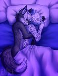  ambiguous_gender anthro bed blanket canine cool_colors couple duo falvie feline fox hair leopard mammal pillow purple_theme sleeping spooning tail white_hair wolf 