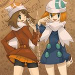  adjusting_hair alternate_costume beanie bike_shorts blue_eyes brown_hair coat cosplay hand_on_hip haruka_(pokemon) hat hikari_(pokemon) hikari_(pokemon)_(cosplay) holding holding_poke_ball jacket kasumi_(pokemon) looking_back lowres multiple_girls open_mouth orange_hair pinkish poke_ball pokemon pokemon_(anime) pokemon_(game) pokemon_dppt pokemon_platinum scarf short_hair smile white_scarf winter_clothes 