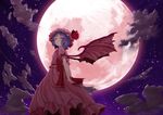  absurdres arms_behind_back blue_hair blush cloud full_moon hat highres katsuhiro looking_back moon night red_eyes remilia_scarlet short_hair sky solo star_(sky) starry_sky touhou wings 