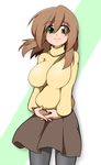  1girl breasts brown_hair female green_eyes highres huge_breasts kaz_(shade) leotard long_hair makihara_nodoka original pantyhose simple_background skirt smile solo standing sweater turtleneck wind 