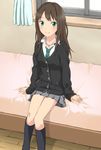  bed blush brown_hair cardigan green_eyes idolmaster idolmaster_cinderella_girls jewelry long_hair necklace necktie nikujiru_(nickjr) school_uniform shibuya_rin sitting skirt smile solo 