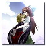  black_wings blonde_hair blush bow brown_hair closed_eyes cloud day hair_bow hair_ribbon highres hug long_hair medicine_melancholy multiple_girls open_mouth red_eyes reiuji_utsuho ribbon sakuragi_rian short_hair skirt smile tears touhou wing_hug wings 