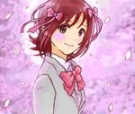  amami_haruka bad_id bad_pixiv_id blush bow brown_hair cherry_blossoms hair_ribbon hanaco-1 idolmaster idolmaster_(classic) ribbon school_uniform smile solo 