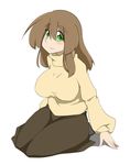  bad_id bad_pixiv_id breasts brown_hair green_eyes huge_breasts kaz_(shade) long_hair long_skirt makihara_nodoka original pantyhose simple_background sitting skirt solo sweater turtleneck white_background 