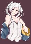  1girl bare_shoulders breasts camisole cleavage cloak collarbone female_my_unit_(fire_emblem:_kakusei) fire_emblem fire_emblem:_kakusei ganbaru_(tkstsukachiku) highres long_hair looking_at_viewer medium_breasts my_unit_(fire_emblem:_kakusei) nintendo off_shoulder purple_background silver_eyes simple_background solo spaghetti_strap twintails upper_body white_hair 